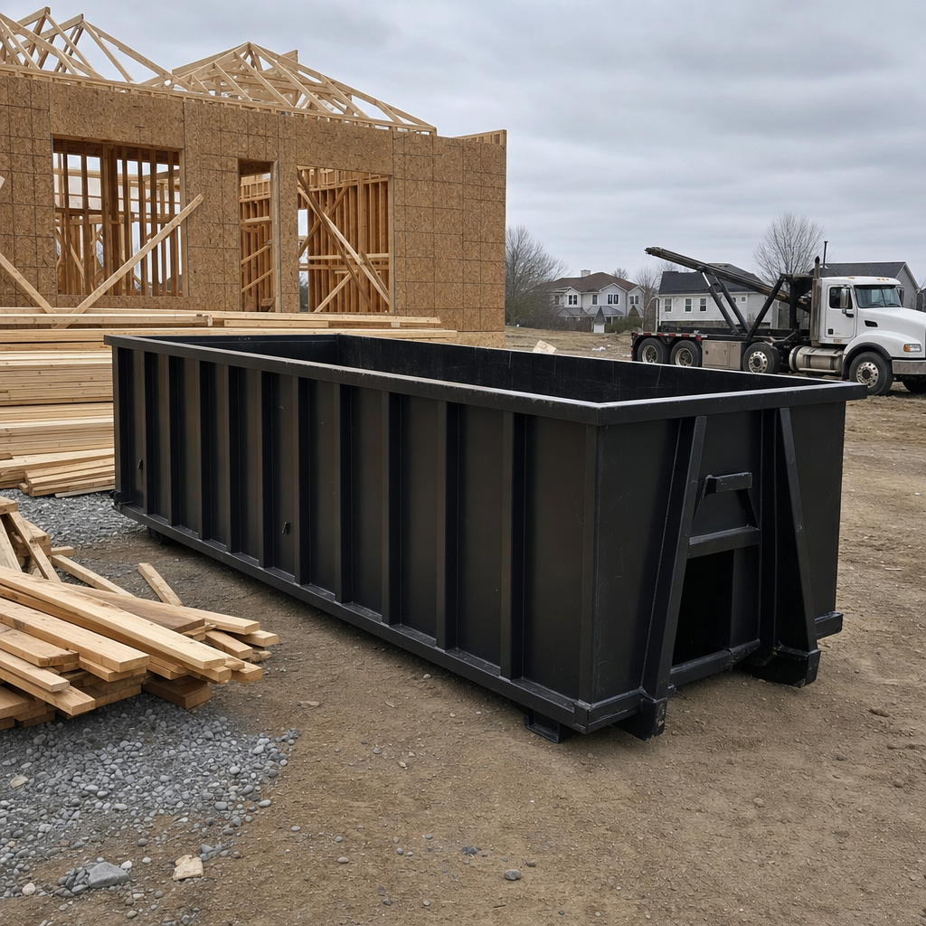 Matte-black 40-yard roll-off dumpster staged on a framed-out residential construction site in Bakersfield, framing lumber stacked nearby, hooklift delivery truck visible in the background under bright Colorado daylight