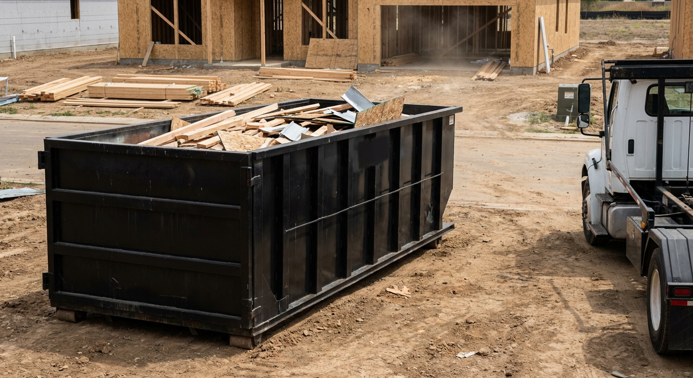 Matte-black 20-yard roll-off construction dumpster with heavy ribbed steel sidewalls and swing rear doors at a working jobsite in Bakersfield, sitting directly on compacted dirt with an unmarked white hauler partially visible at the far edge of the frame.