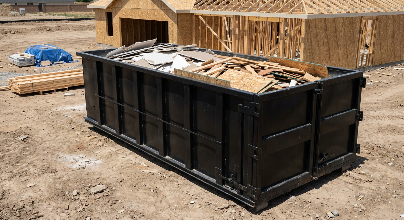 Matte-black 30-yard roll-off construction dumpster sitting directly on the compacted-dirt site of a framed single-family home build in Bakersfield, drywall and lumber scrap loaded inside.