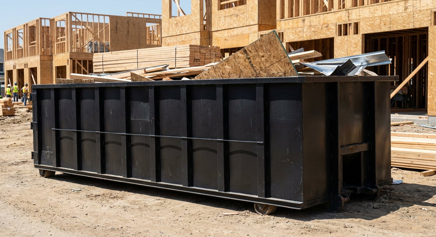 Matte-black 40-yard roll-off construction dumpster being lowered from a white-cab hooklift delivery truck onto the compacted-dirt jobsite at a commercial build site in Bakersfield