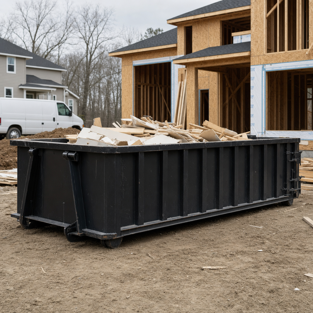 Worker in a yellow high-visibility vest tossing framing lumber and broken drywall into a matte-black 30-yard construction roll-off dumpster on an active build site in Bakersfield, bright daylight