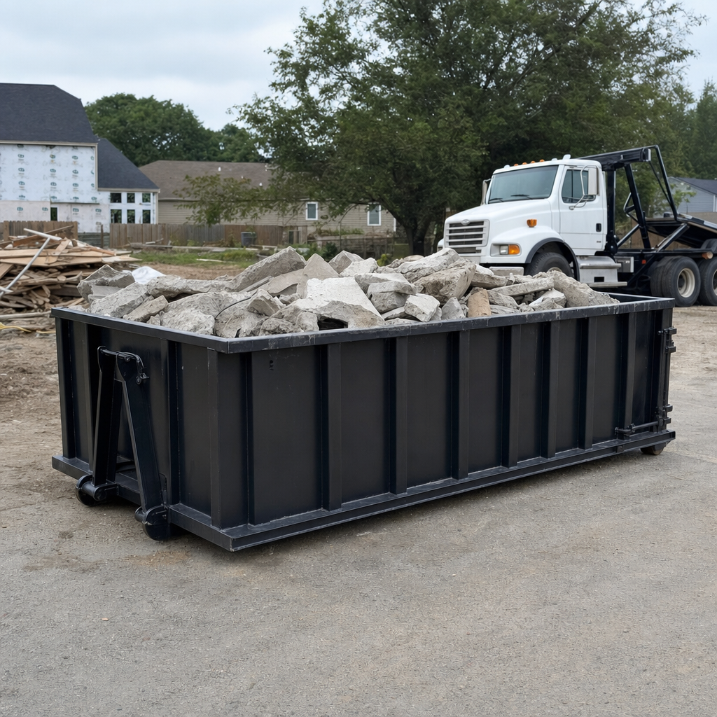 Low-profile matte-black lowboy roll-off dumpster loaded with broken concrete slab and rebar at a foundation tear-out in Bakersfield, skid steer parked beside it, sunny Colorado morning
