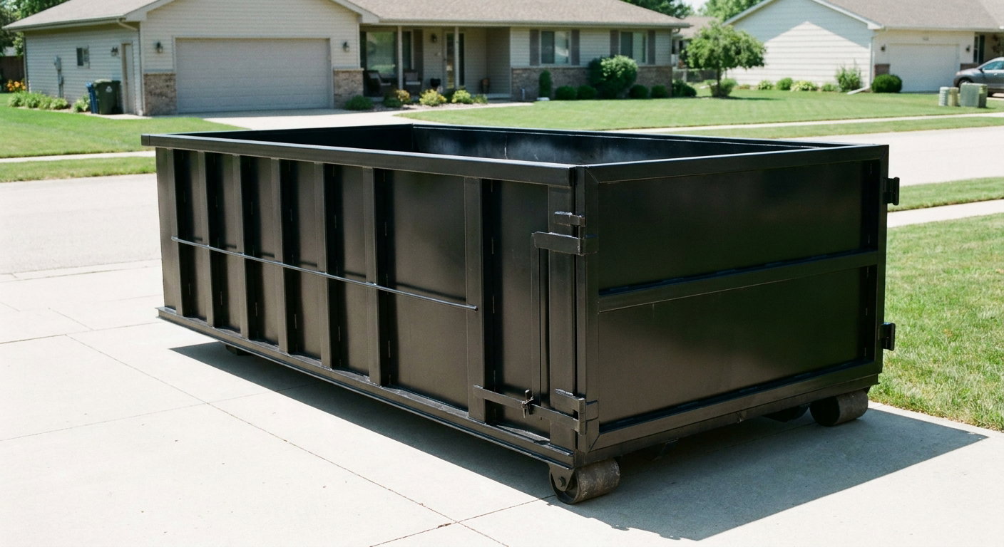 Matte-black 10-yard roll-off dumpster on a residential concrete driveway in Bakersfield, uniformly painted matte black across every panel and rail, ribbed steel sidewalls and rear swing door visible, mid-day daylight.