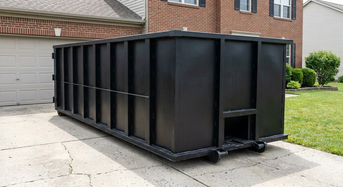 Matte-black 20-yard roll-off container on a Bakersfield residential concrete driveway with reinforced ribbed steel sidewalls and a hinged rear walk-in door, clean bright daylight.