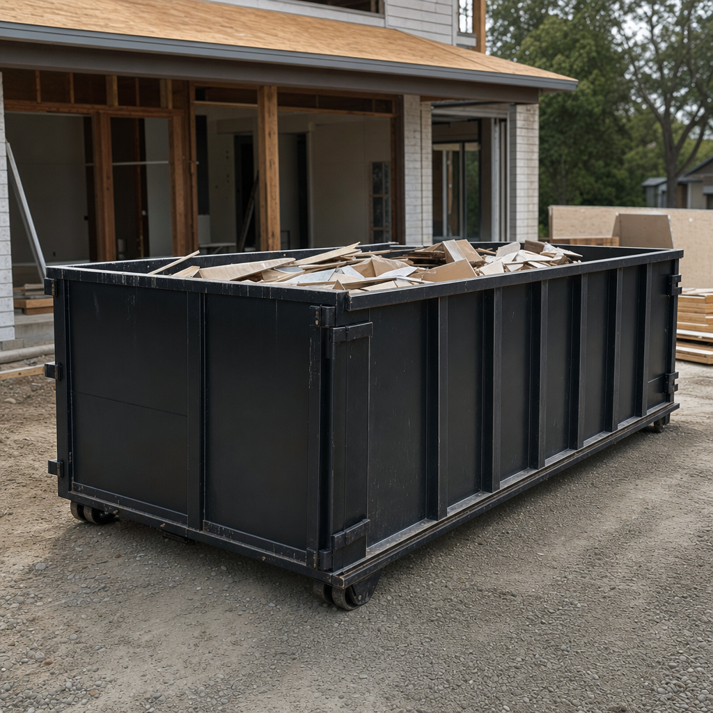 Large matte-black 30-yard construction roll-off dumpster at an active Bakersfield jobsite, steel-gray top rails and bottom rollers visible, loaded with construction debris.