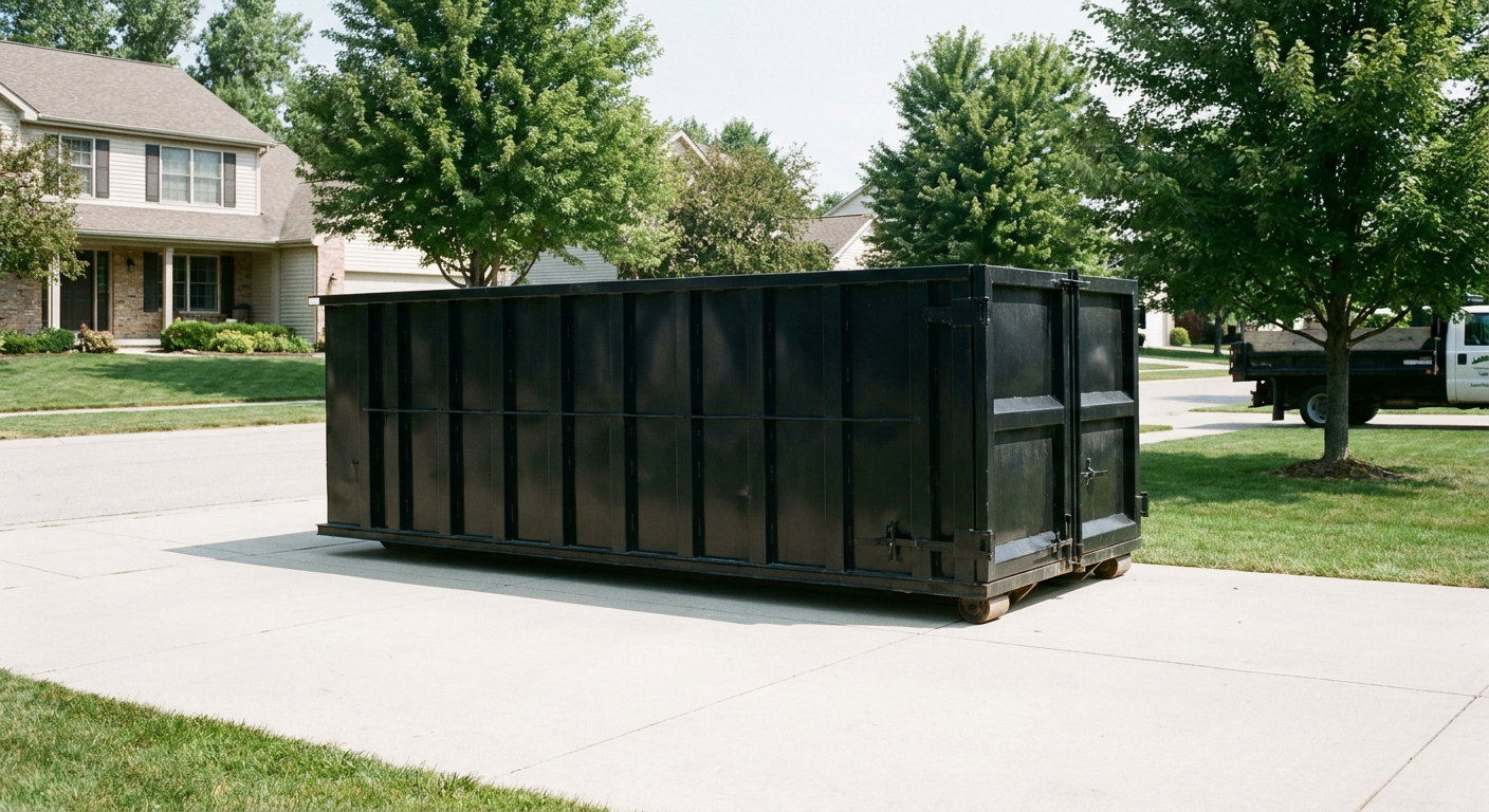 Matte-black 20-yard roll-off dumpster sitting level on a clean Bakersfield residential concrete driveway under bright daylight, demonstrating clean placement directly on the concrete.