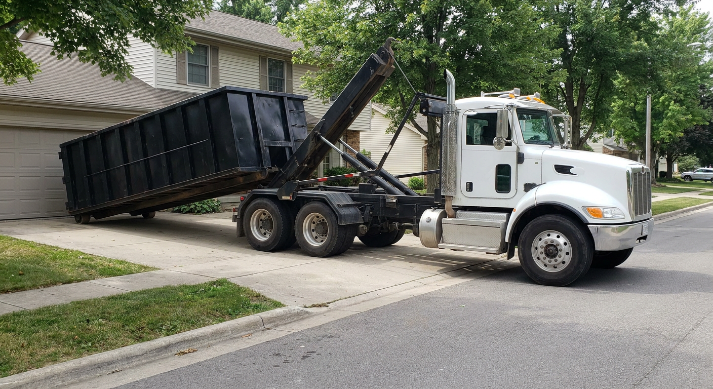 White-cab hooklift roll-off truck actively lowering a matte-black dumpster onto a Bakersfield residential concrete driveway, the dumpster's rear wheels touching the driveway as the hoist arm tilts the bed forward, mid-morning daylight.