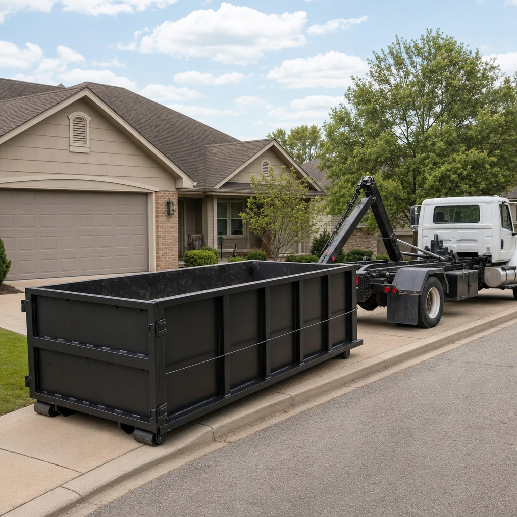 Wide documentary shot of a matte-black roll-off dumpster on a Bakersfield residential driveway in the foreground and a contractor jobsite container in the soft-focus background, bright daylight, calm and orderly composition.