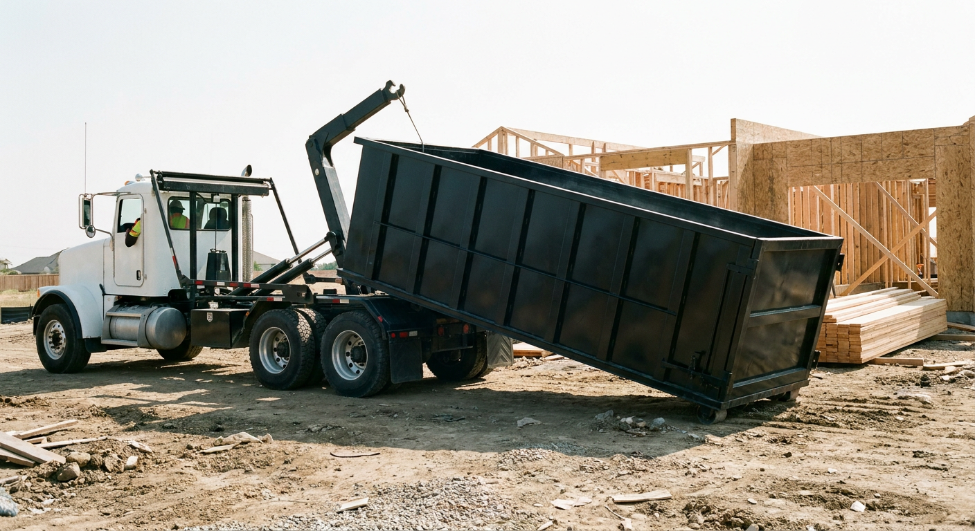 Matte-black roll-off dumpster being delivered onto a clean residential concrete driveway in Bakersfield by an unmarked white hooklift hauler truck, bright morning daylight, documentary 35mm perspective.