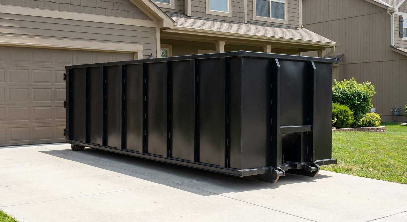 Matte-black residential roll-off dumpster sitting directly on a suburban Bakersfield concrete driveway, garage door closed, single-family home in background, bright morning daylight.