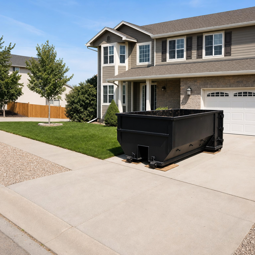 10-yard matte-black residential dumpster placed directly on a narrow Bakersfield concrete driveway, room remains for a parked sedan beside it, mid-morning natural light