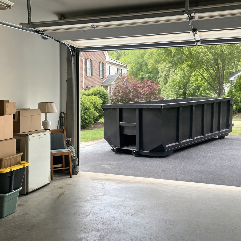 Open garage interior in a Bakersfield home mid-cleanout — boxed items, an old appliance, and stacked yard tools queued near the driveway for a matte-black roll-off dumpster, organized and calm