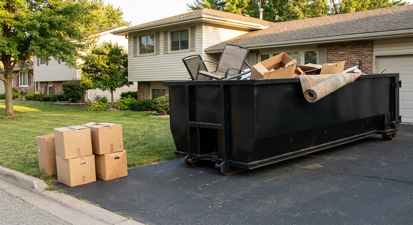 Front-yard view of a Bakersfield split-level home with a 20-yard matte-black roll-off dumpster sitting directly on the asphalt driveway, a few clearly labeled donation boxes staged at the curb, calm sunny afternoon.