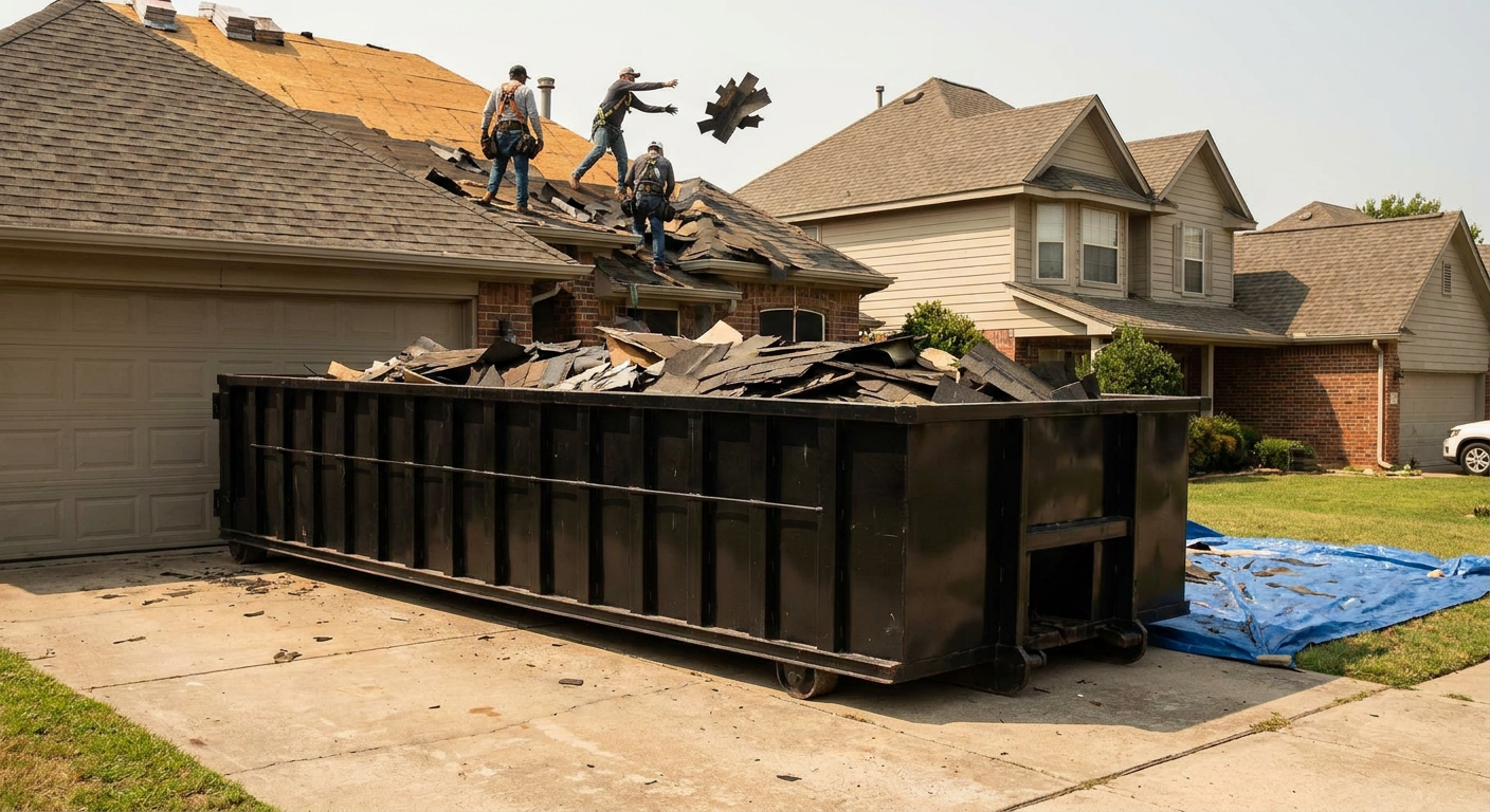 Matte-black roofing roll-off dumpster placed directly on a Bakersfield residential concrete driveway, a tear-off crew on a two-story asphalt-shingle roof tossing shingle bundles into the low-walled container, bright daylight, documentary 35mm perspective.