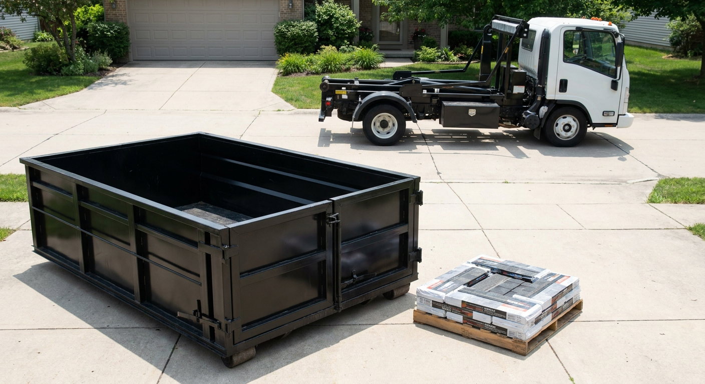 Matte-black 15-yard roofing roll-off dumpster with reinforced low side walls sitting directly on a Bakersfield residential concrete driveway, three-tab asphalt shingle bundles stacked nearby, an unmarked white hauler truck partially visible at the edge of the frame.