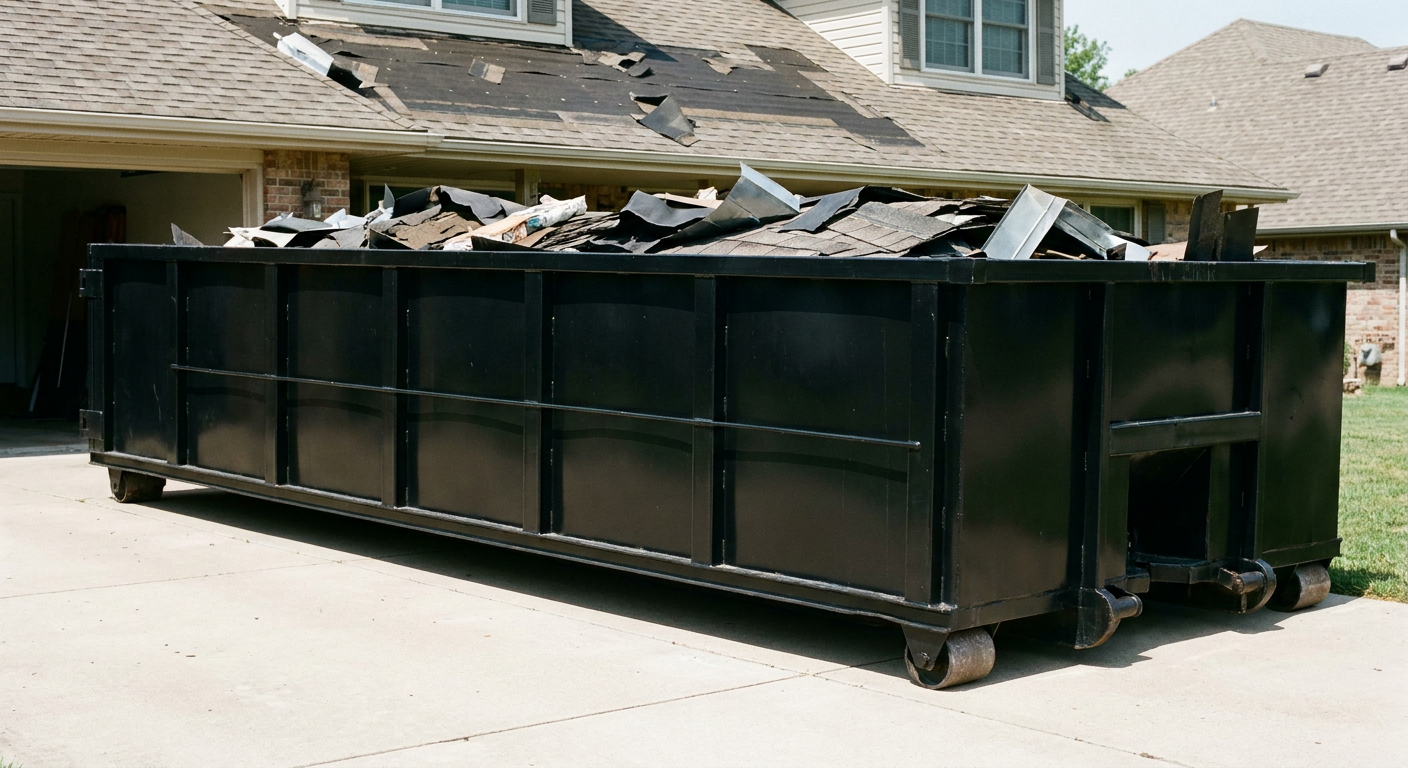 Matte-black 20-yard roofing roll-off dumpster with steel ribbed sides and swinging rear door, sitting directly on the concrete driveway of a two-story Bakersfield home, asphalt shingle debris being loaded over the low wall, clean documentary lighting.