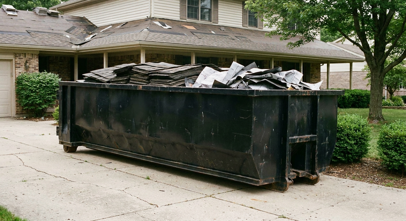 Matte-black 30-yard roofing roll-off dumpster sitting directly on a Bakersfield concrete driveway, taller ribbed steel side panels, mixed tear-off debris of asphalt shingles and underlayment inside, professional documentary daylight.