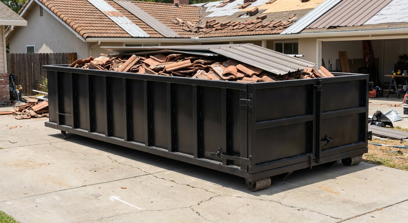 Matte-black low-wall heavy-debris roofing roll-off dumpster sitting directly on a Bakersfield concrete driveway, broken concrete clay roof tiles and metal panel sections loaded inside, reinforced ribbed steel side walls visible, bright outdoor daylight.