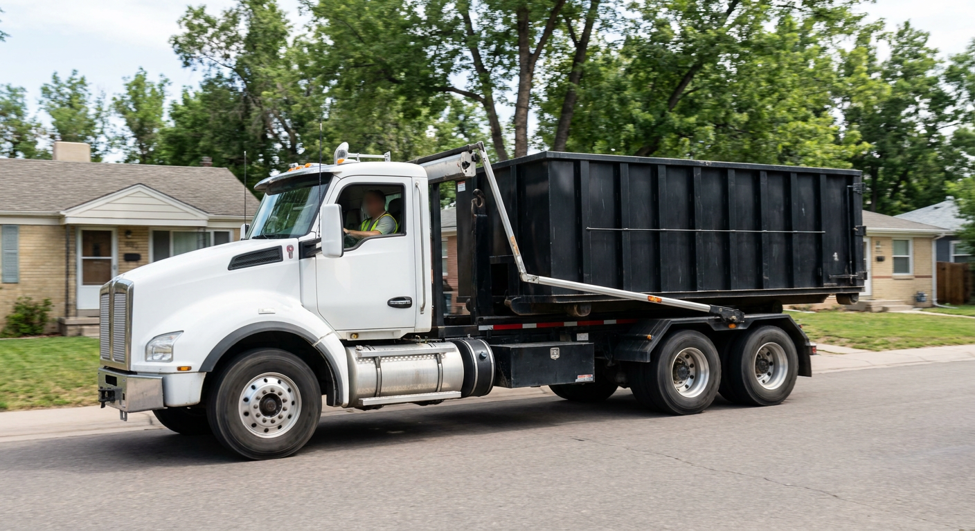 A wide documentary shot of a matte-black roll-off delivery truck pulling onto a quiet Bakersfield residential street at mid-morning, with neighborhood rooftops and tree-lined blocks visible behind, showing the metro coverage footprint.