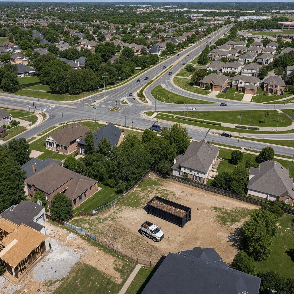 An overhead documentary view of the Bakersfield metro area at midday, showing the spread of neighborhoods, arterial roads, and the dispatch radius from a central yard — clean daylight, organized geographic layout.