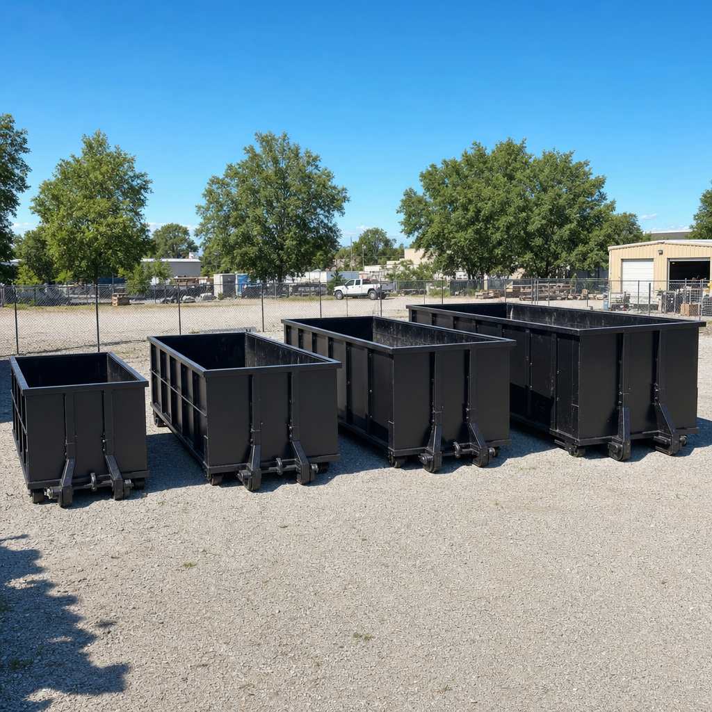 A clean lineup of matte-black roll-off dumpsters in 10, 20, 30, and 40-yard sizes staged on a sunlit gravel yard in Bakersfield, showing the size progression from compact to commercial-scale containers.