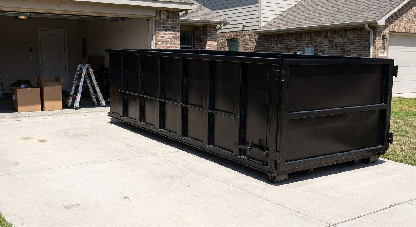 A matte-black 10-yard roll-off dumpster sitting directly on a residential Bakersfield concrete driveway, mid-day sunlight, clean and ready for a garage cleanout.