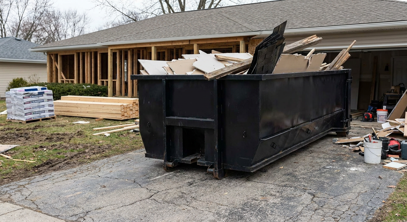 A matte-black 20-yard roll-off dumpster placed alongside a mid-renovation Bakersfield home directly on the asphalt driveway, with framing materials and torn-off shingles staged neatly nearby.