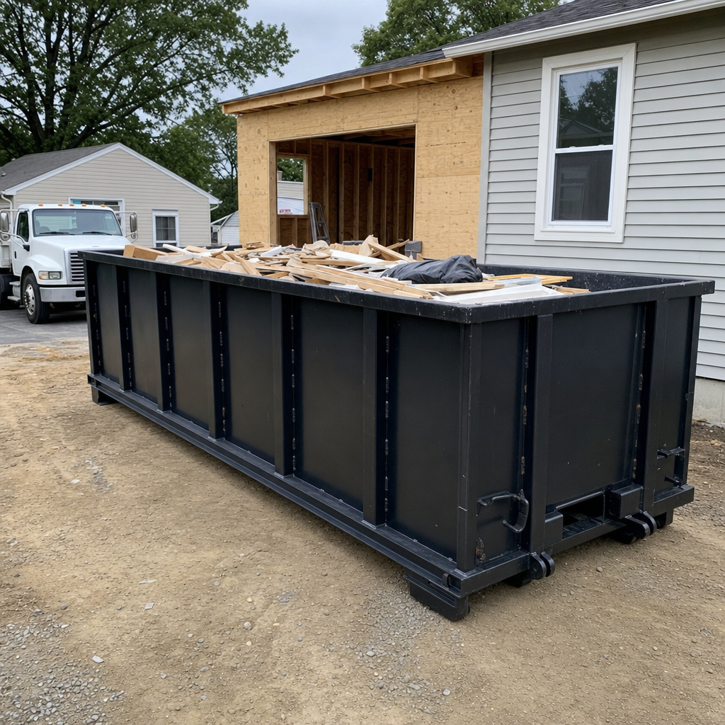 A matte-black 30-yard roll-off dumpster positioned at a Bakersfield residential addition jobsite, with framing lumber and drywall scraps loaded through the open swinging rear doors.