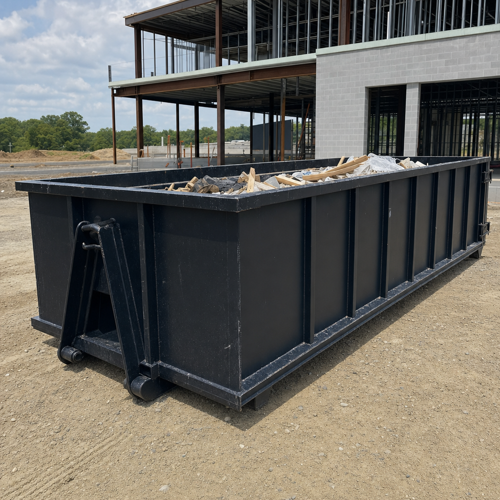 A matte-black 40-yard roll-off dumpster staged on a large Bakersfield commercial construction lot, with a hooklift delivery truck parked alongside under bright midday sky.