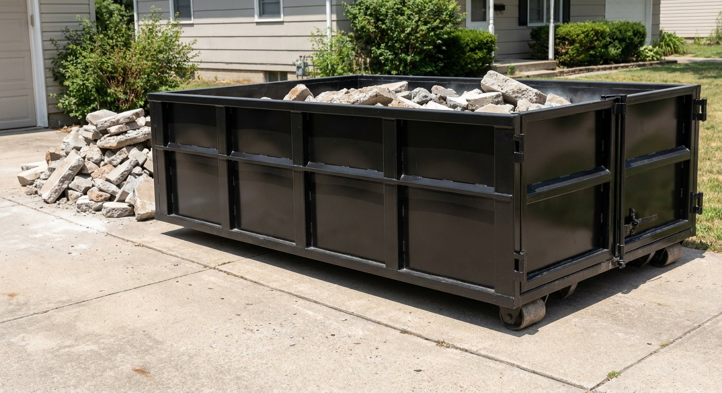 A matte-black low-side heavy-debris roll-off dumpster placed directly on a Bakersfield concrete driveway, with broken concrete chunks neatly stacked beside it under clean daylight.